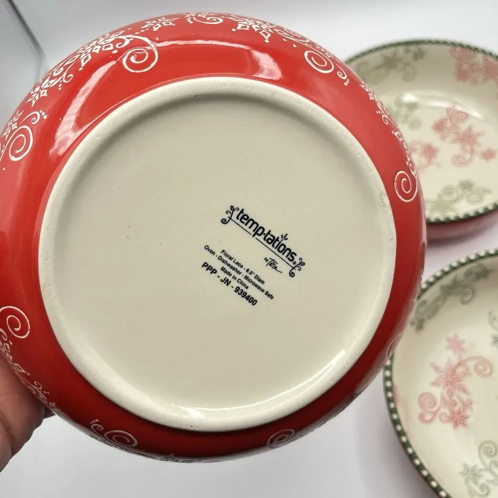Temp-Tations 8 “ Red Poinsetta Bowls With Ruffled Edge - Set Of 4
